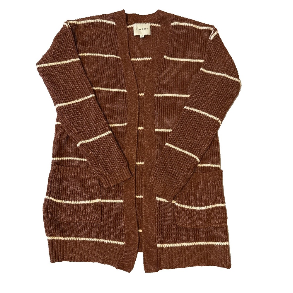 Pink‎ Rose Brick Red Stripe Open Knit Cardigan Sweater Women's S Preppy Academia